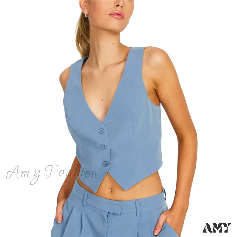 Waistcoat For Women Solid Color Slim Fit V Neck Sleeveless Button Down Fashion Crop Top Blue / S