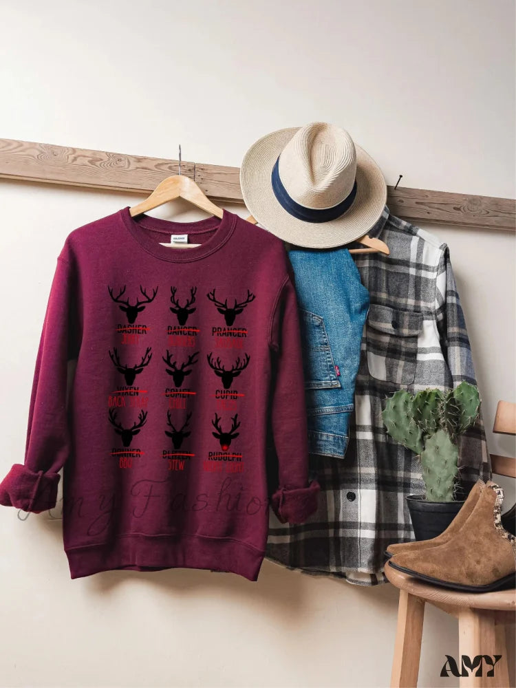 Wapiti Print Deer Hunting Christmas Hoodie - Cute Cotton Hot Sale Gift Burgundy / S