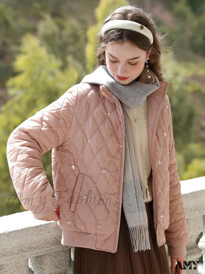 Warm Cotton-Padded Stand Collar Diamond Check Embroidery New Lady Thick Parkas Coat