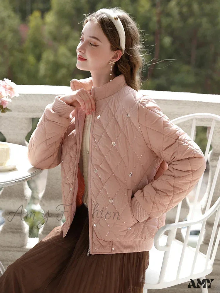 Warm Cotton-Padded Stand Collar Diamond Check Embroidery New Lady Thick Parkas Coat