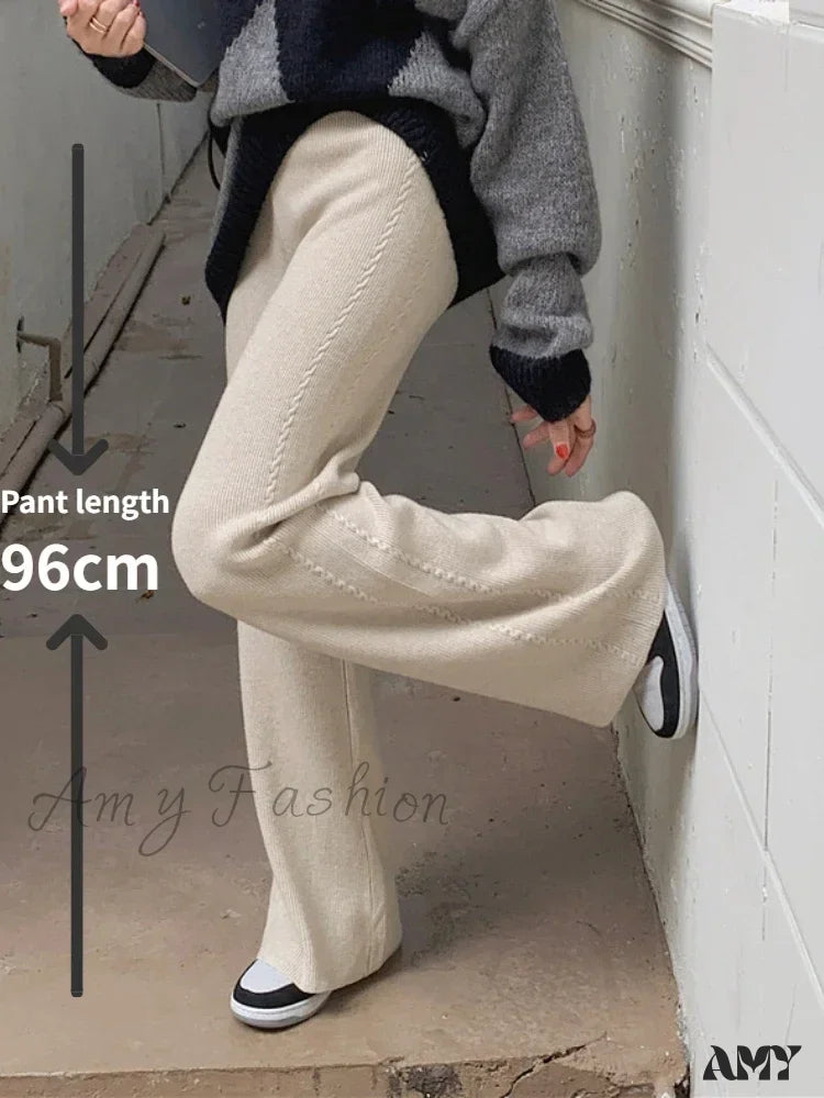 Warm Loose Knitted Wide Leg Soft Comfortable Pants Apricot / One Size