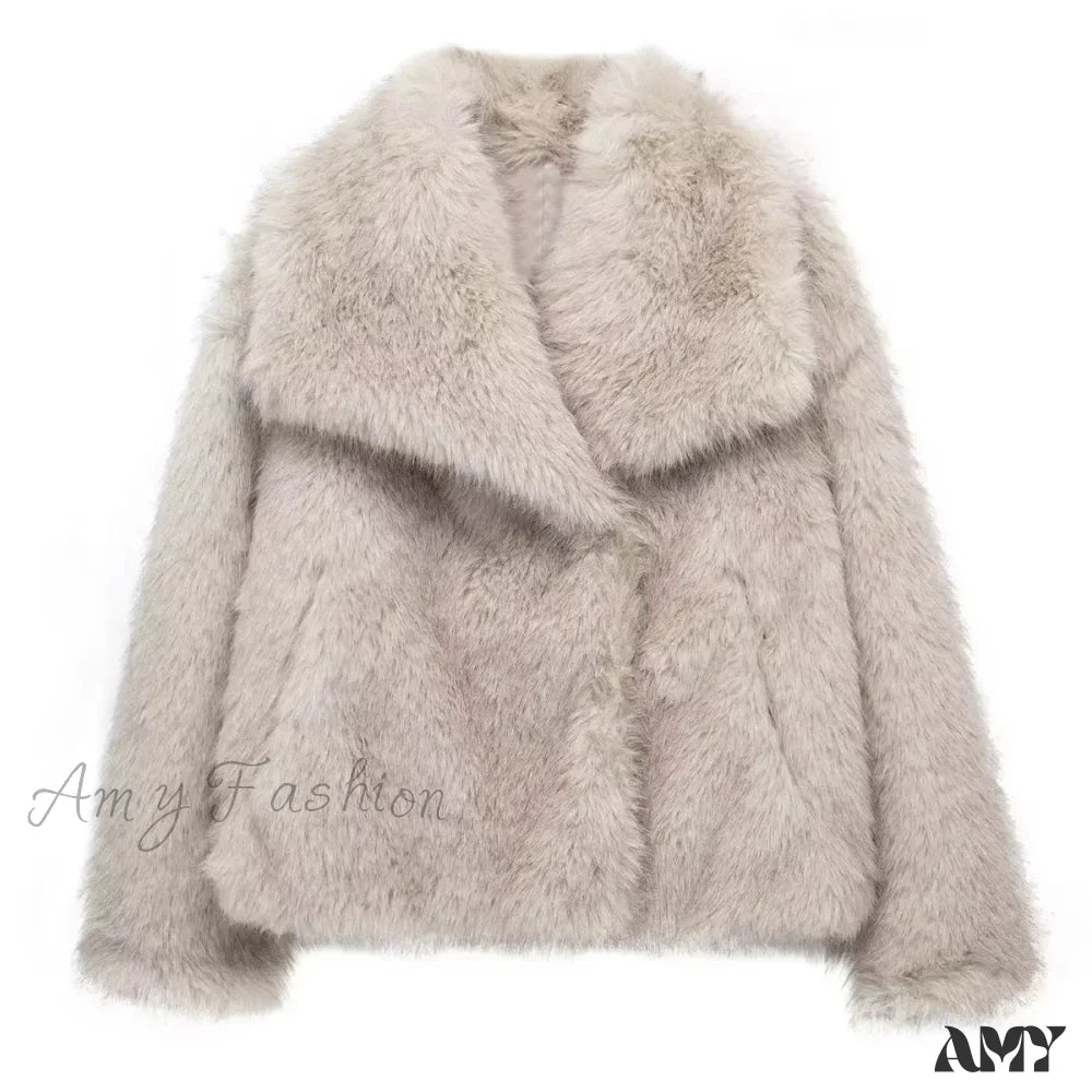 Warm Plush Casual Turn-Down Collar Thick Vintage Long Sleeve Short Coat Beige Grey / S