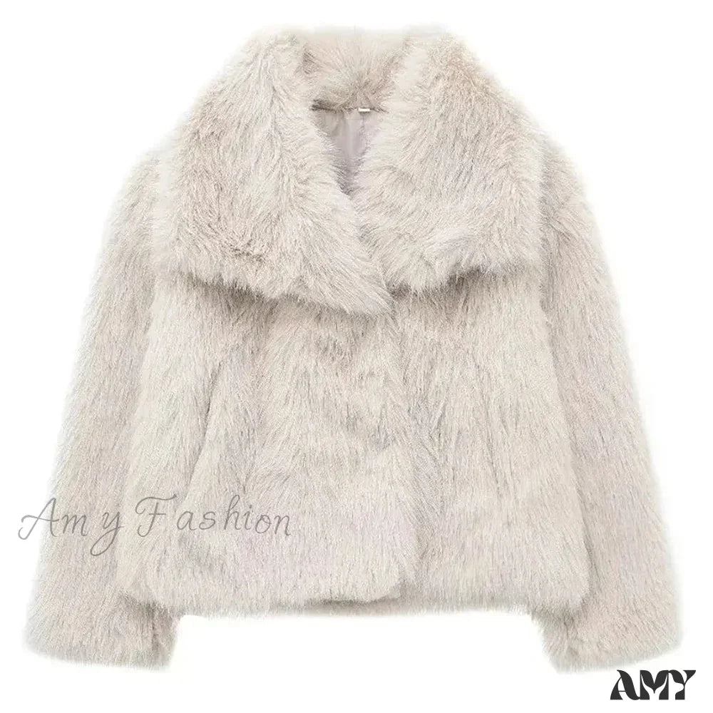 Warm Plush Casual Turn-Down Collar Thick Vintage Long Sleeve Short Coat Beige White / S