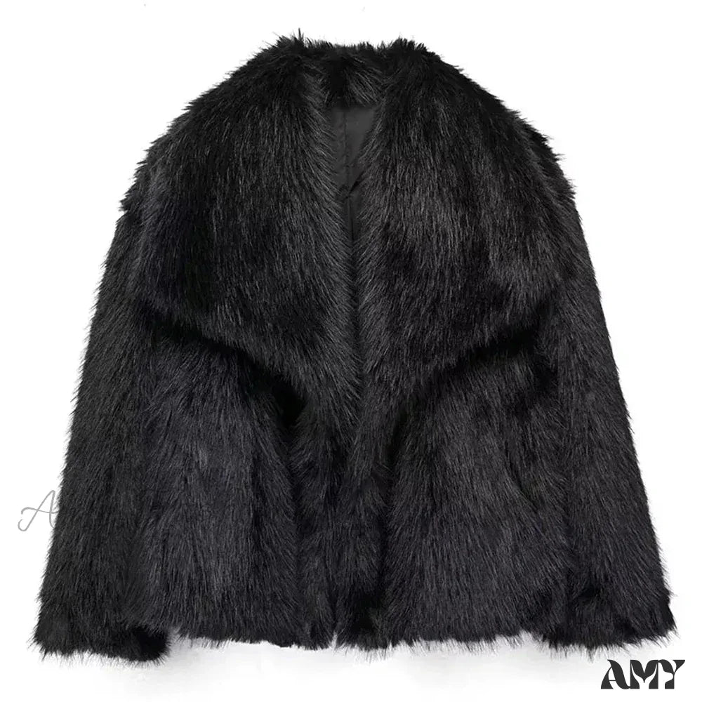 Warm Plush Casual Turn-Down Collar Thick Vintage Long Sleeve Short Coat Black / S