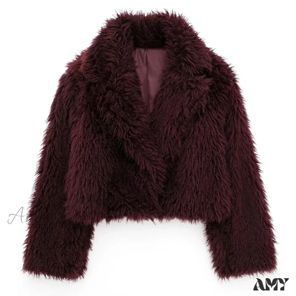 Warm Plush Casual Turn-Down Collar Thick Vintage Long Sleeve Short Coat Dark Wine Red / S
