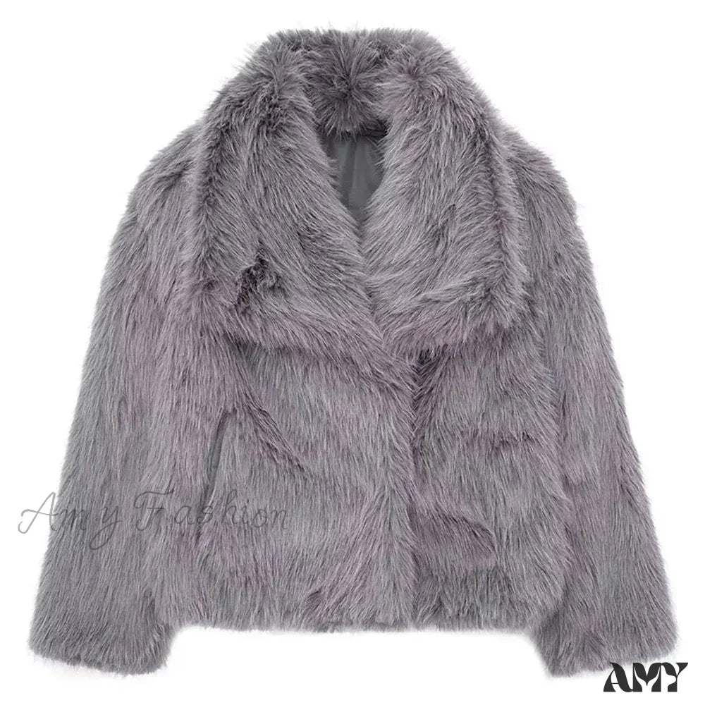 Warm Plush Casual Turn-Down Collar Thick Vintage Long Sleeve Short Coat Grey / S