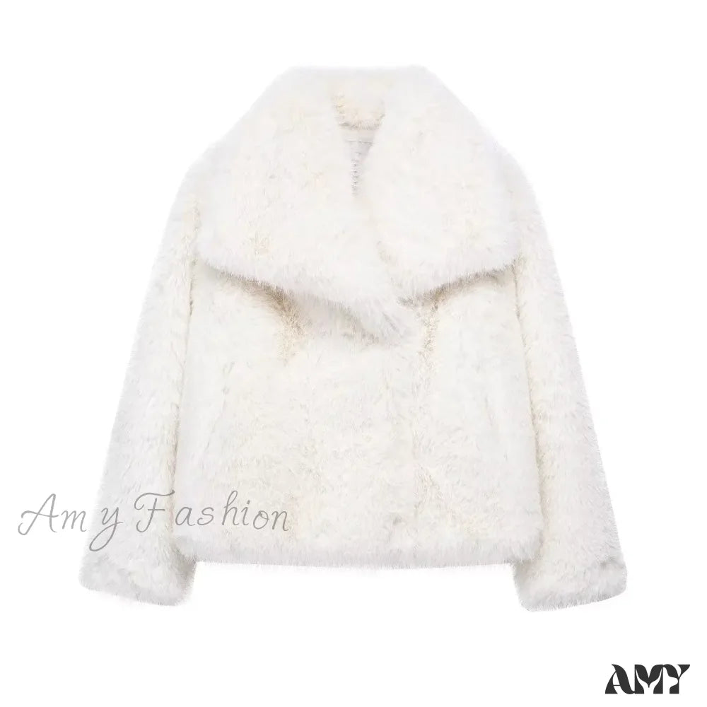Warm Plush Casual Turn-Down Collar Thick Vintage Long Sleeve Short Coat White / S