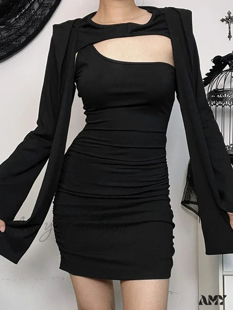 Wasteland Out Folds Bodycon Long Kitten Sleeve Hollow Dress