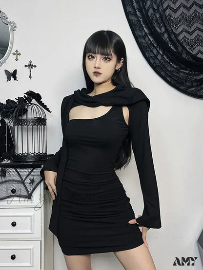 Wasteland Out Folds Bodycon Long Kitten Sleeve Hollow Dress