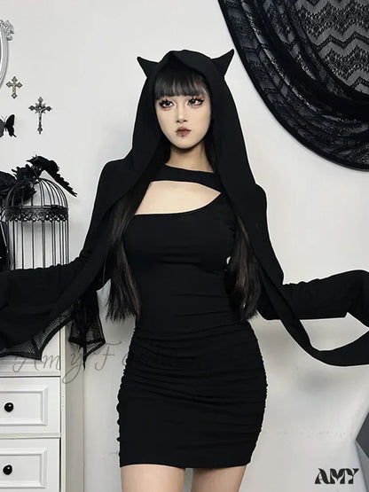 Wasteland Out Folds Bodycon Long Kitten Sleeve Hollow Dress