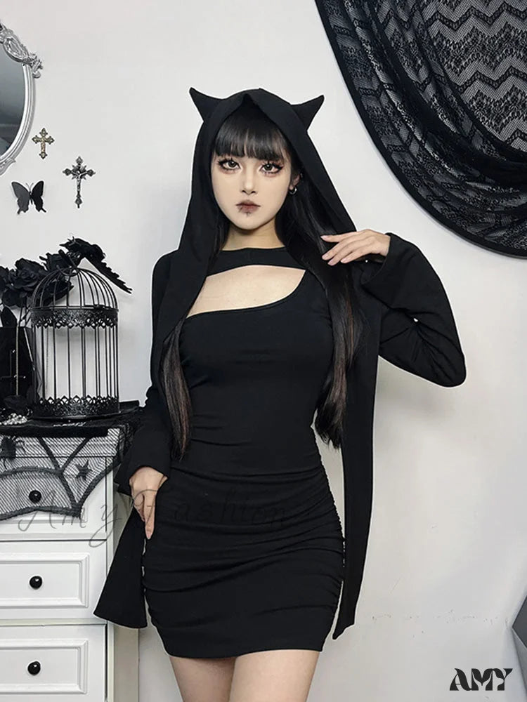 Wasteland Out Folds Bodycon Long Kitten Sleeve Hollow Dress