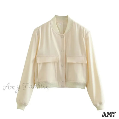 White Autumn Winter Button Cropped Long Sleeve Crop Fashion Jacket Beige / S