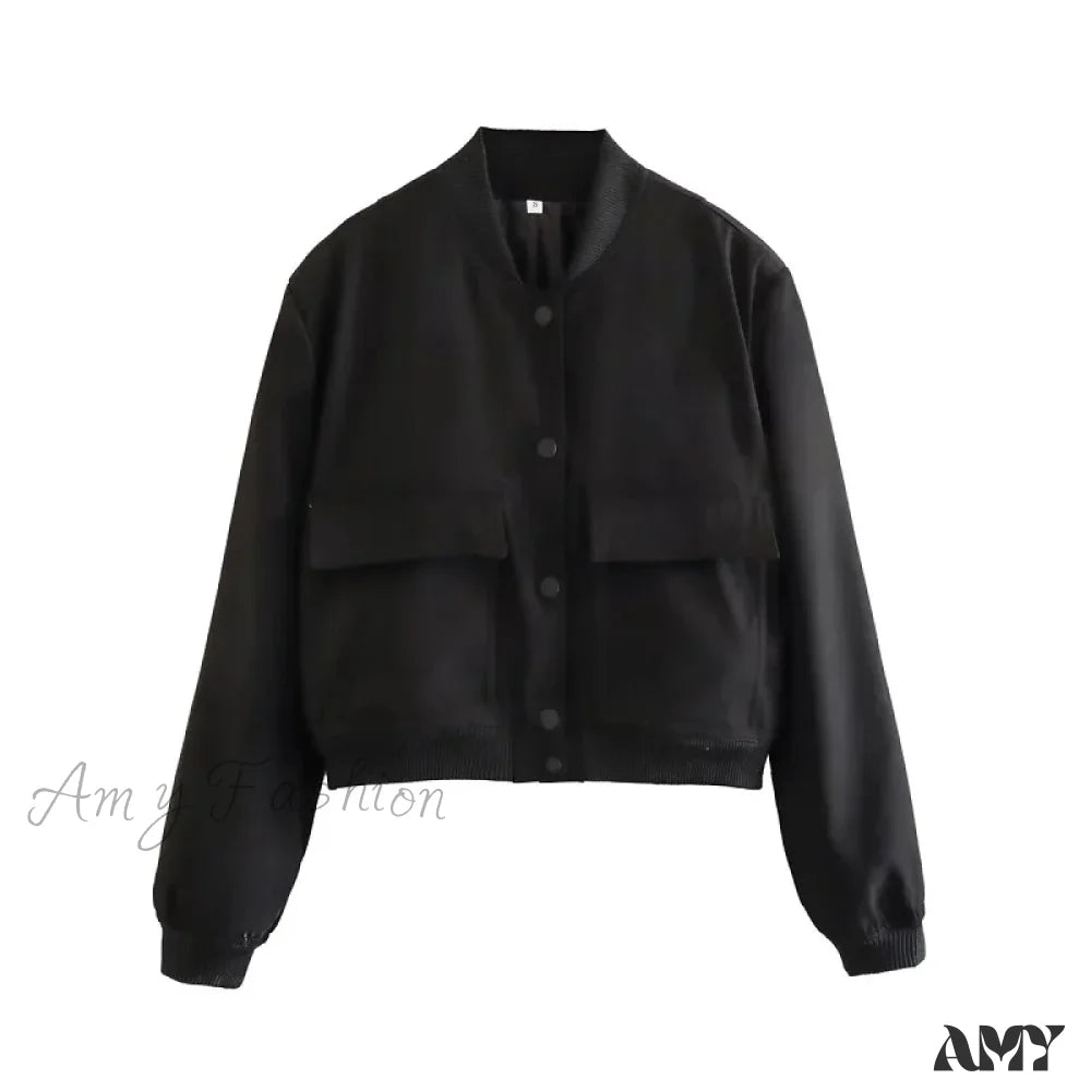 White Autumn Winter Button Cropped Long Sleeve Crop Fashion Jacket Black / S