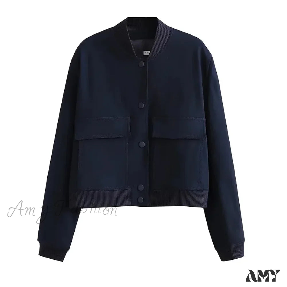 White Autumn Winter Button Cropped Long Sleeve Crop Fashion Jacket Navy Blue / S