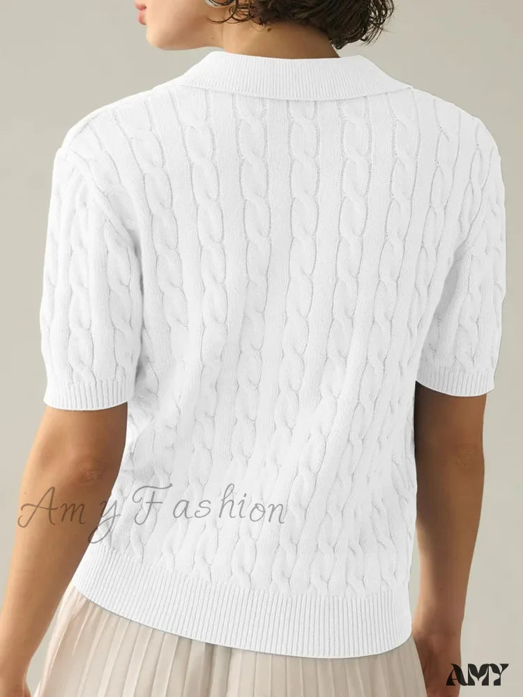 White Cable Knit Short Sleeve Pullover Spring Summer Fashion Sweater