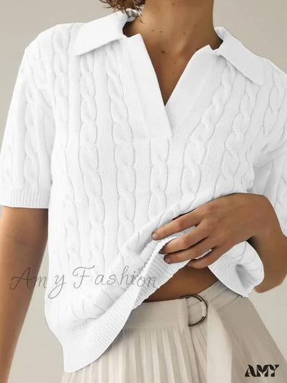 White Cable Knit Short Sleeve Pullover Spring Summer Fashion Sweater