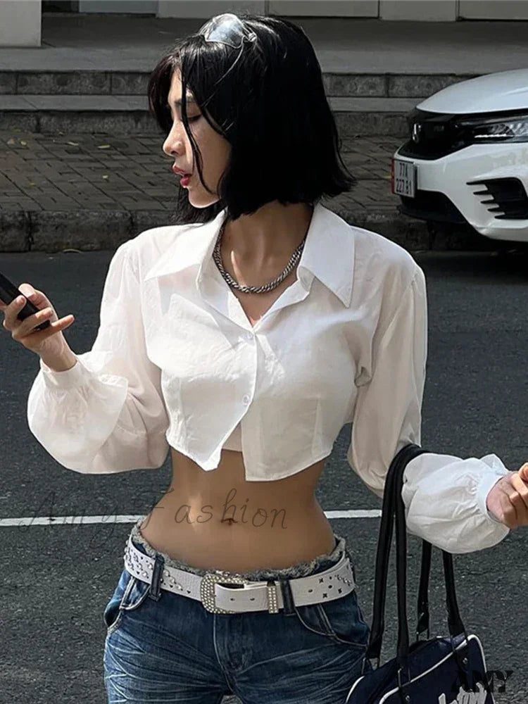 White Hollow Out Crop Turn Down Collar Streetwear Blouse White / S