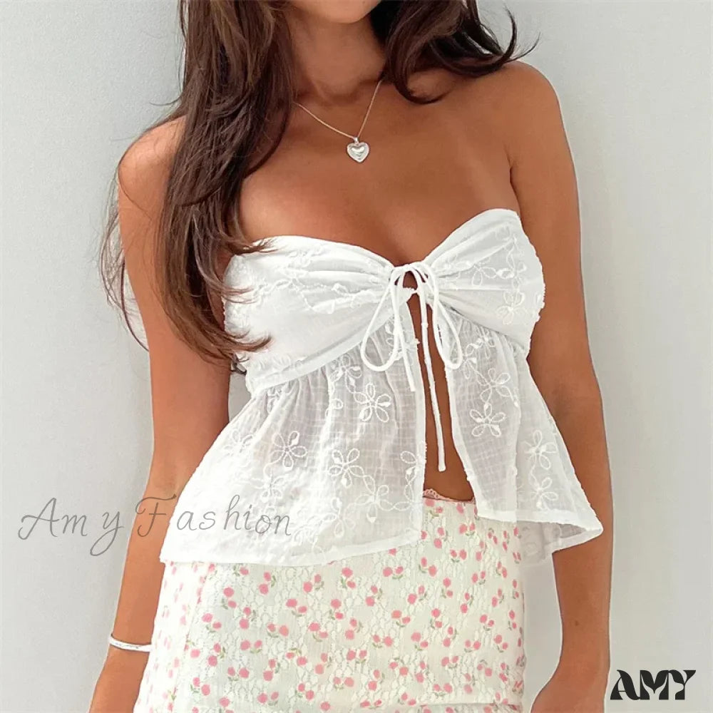 White Strapless Aesthetic Flower Embroidery Off Shoulder Sleeveless Streetwear Crop Top