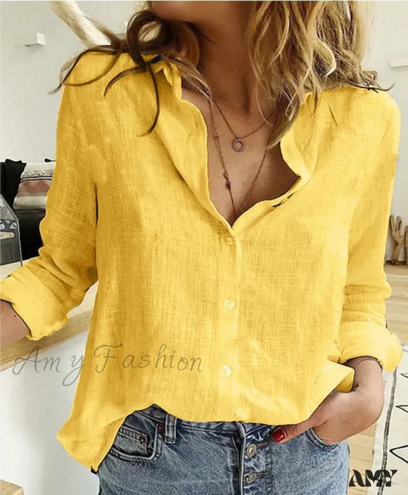 White Yellow Lapel Cardigan Oversized Shirt Blouse / S