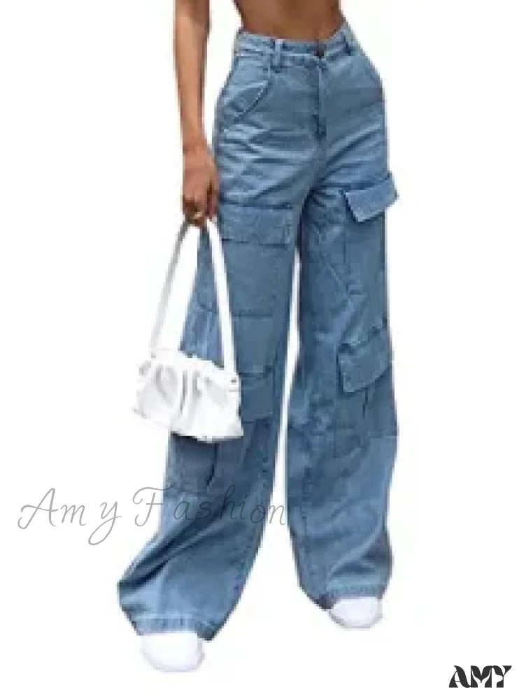 Wide Leg Cargo Denim Mid Waist Zipper Loose Slight Stretch High Street Solid Pockets Jean Light