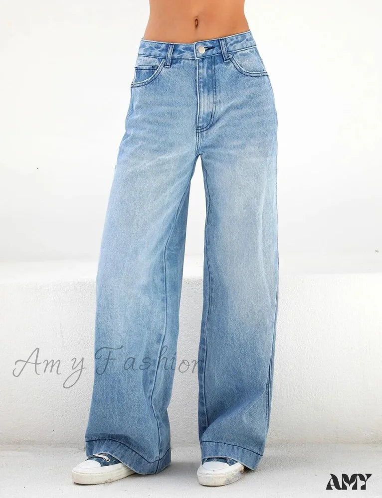 Wide Leg Denim Pockets Loose High Waist Full Length Zipper Fly Solid Color Streetwear Jean Blue / S