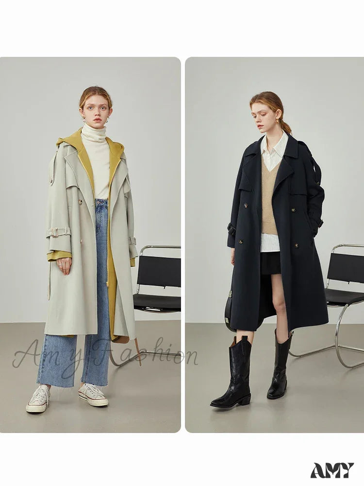 Windbreaker-Style Double Breasted Wool Mid-Length Suit Collar Orange Apricot Commuter Coat