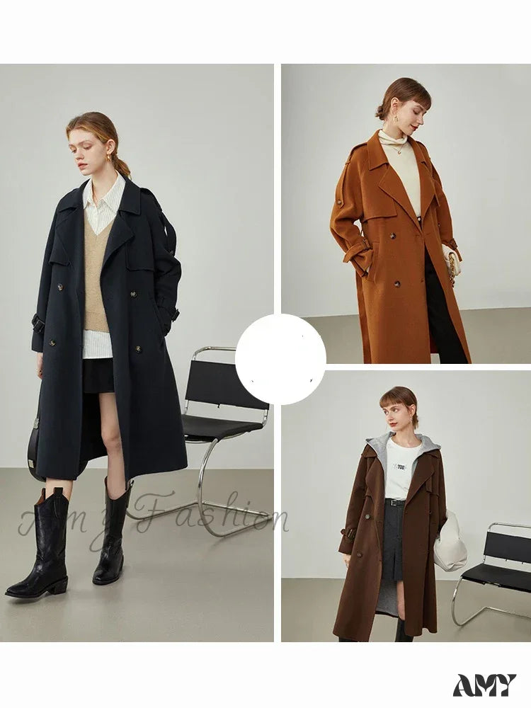 Windbreaker-Style Double Breasted Wool Mid-Length Suit Collar Orange Apricot Commuter Coat