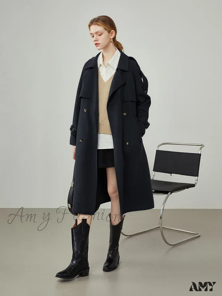 Windbreaker-Style Double Breasted Wool Mid-Length Suit Collar Orange Apricot Commuter Coat Dark