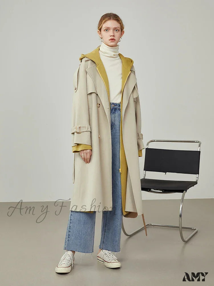 Windbreaker-Style Double Breasted Wool Mid-Length Suit Collar Orange Apricot Commuter Coat Apricot