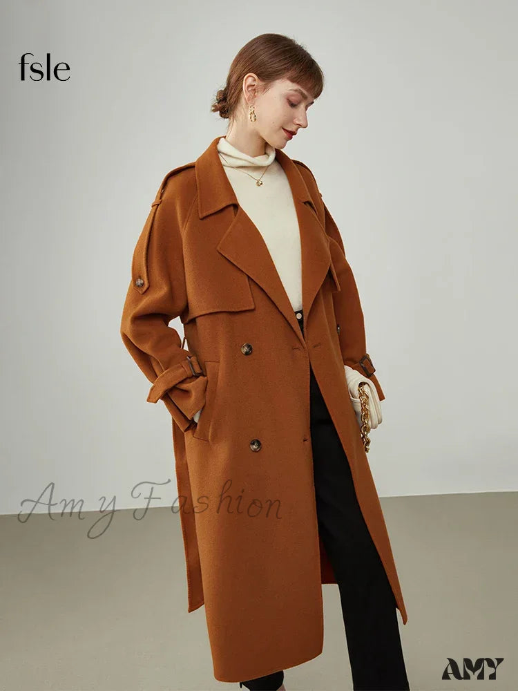 Windbreaker-Style Double Breasted Wool Mid-Length Suit Collar Orange Apricot Commuter Coat / S