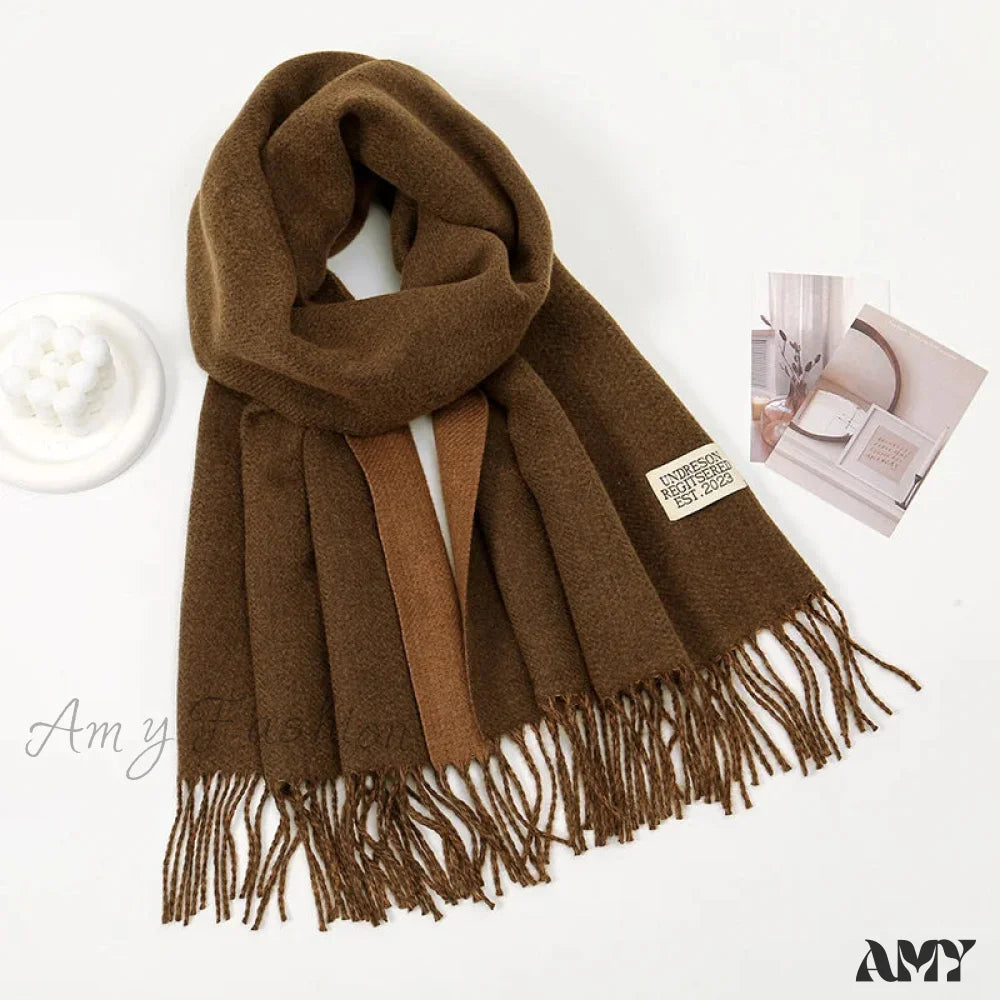 Winter Cashmere Long Warm Hijab Wrap Solid Pashmina Scarf Female Dark Brown