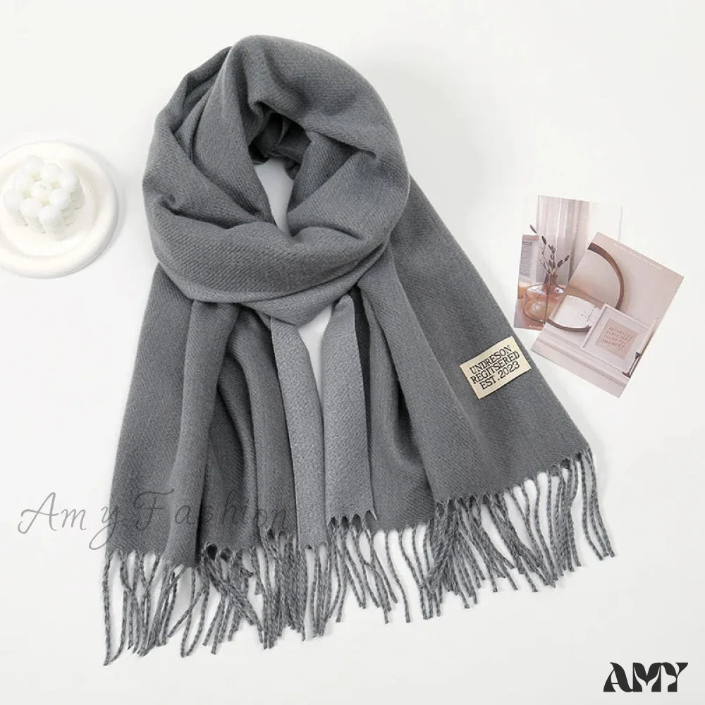 Winter Cashmere Long Warm Hijab Wrap Solid Pashmina Scarf Female Dark Grey