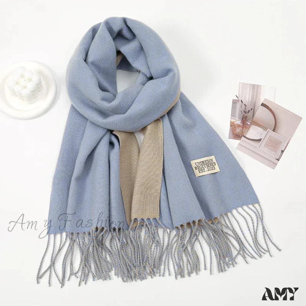 Winter Cashmere Long Warm Hijab Wrap Solid Pashmina Scarf Female Grey Blue