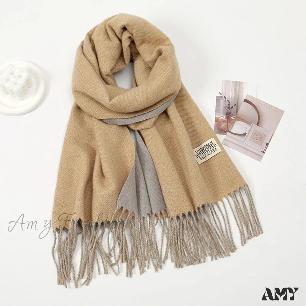 Winter Cashmere Long Warm Hijab Wrap Solid Pashmina Scarf Female Khaki