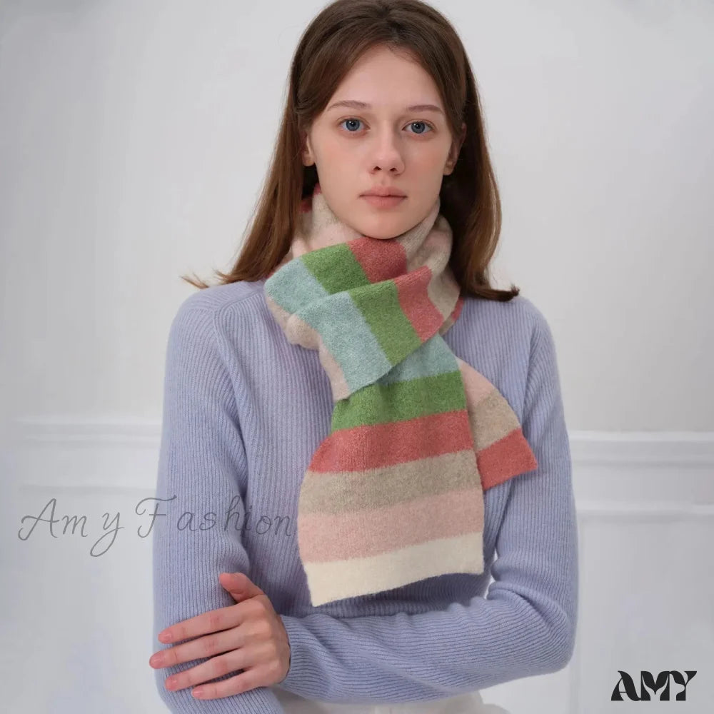 Winter Cashmere Shawl Women Colorful Striped Neck Scarf Brown-Green / L162Cm W20Cm