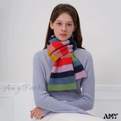 Winter Cashmere Shawl Women Colorful Striped Neck Scarf Rainbow / L162Cm W20Cm