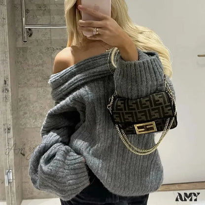 Winter Coffee Rib Knitting Ruched Slash Shoulder Pullover Women Full Sleeve Loose Thick Cozy Sweater