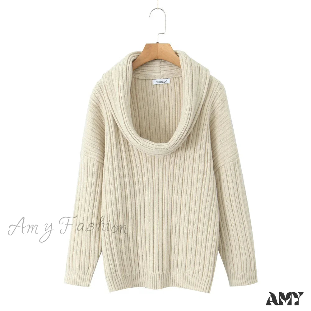 Winter Coffee Rib Knitting Ruched Slash Shoulder Pullover Women Full Sleeve Loose Thick Cozy