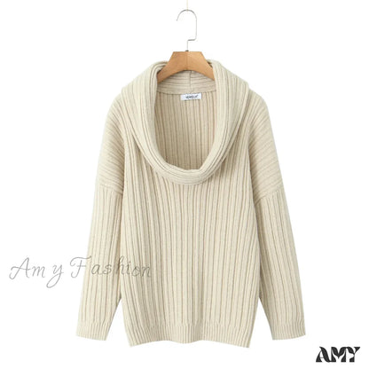 Winter Coffee Rib Knitting Ruched Slash Shoulder Pullover Women Full Sleeve Loose Thick Cozy