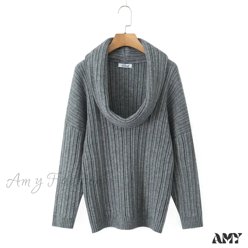 Winter Coffee Rib Knitting Ruched Slash Shoulder Pullover Women Full Sleeve Loose Thick Cozy