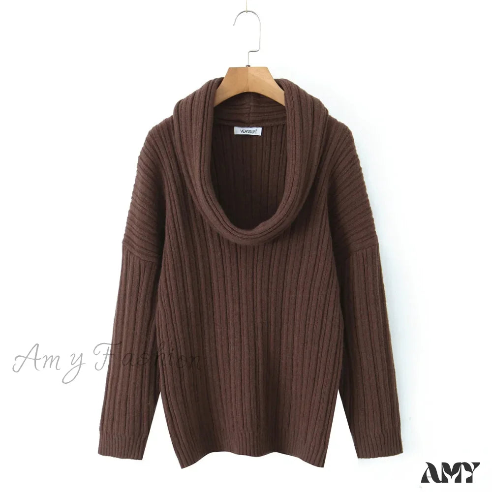 Winter Coffee Rib Knitting Ruched Slash Shoulder Pullover Women Full Sleeve Loose Thick Cozy