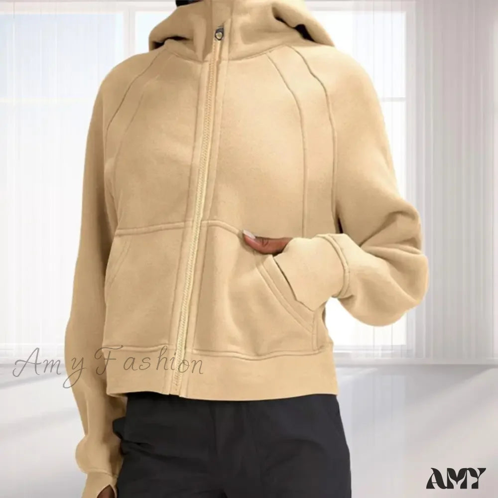 Winter Fleece Pocket Hooded Zipper Neck Protection Warm Hoodie