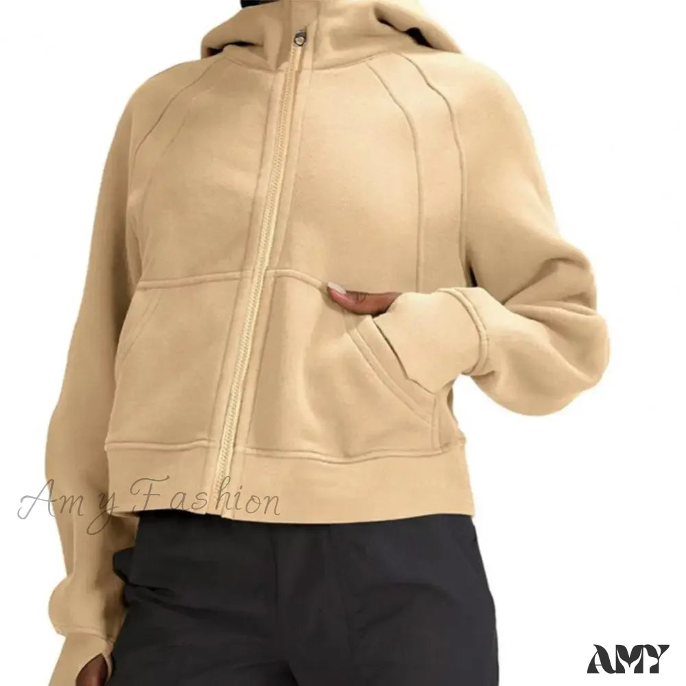 Winter Fleece Pocket Hooded Zipper Neck Protection Warm Hoodie Apricot / S