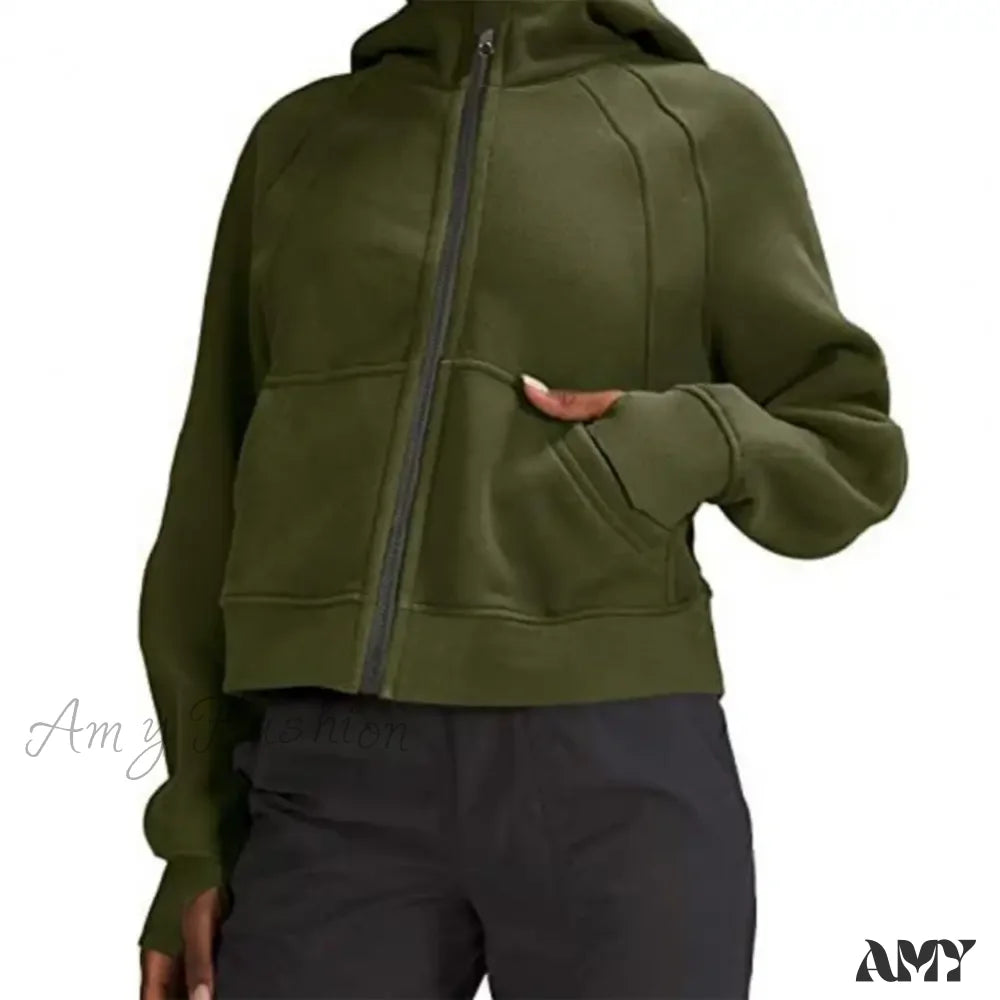 Winter Fleece Pocket Hooded Zipper Neck Protection Warm Hoodie Army Green / S