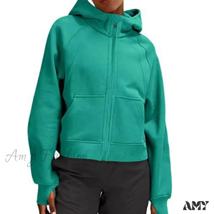 Winter Fleece Pocket Hooded Zipper Neck Protection Warm Hoodie Green / S