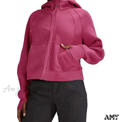 Winter Fleece Pocket Hooded Zipper Neck Protection Warm Hoodie Rose Red / S