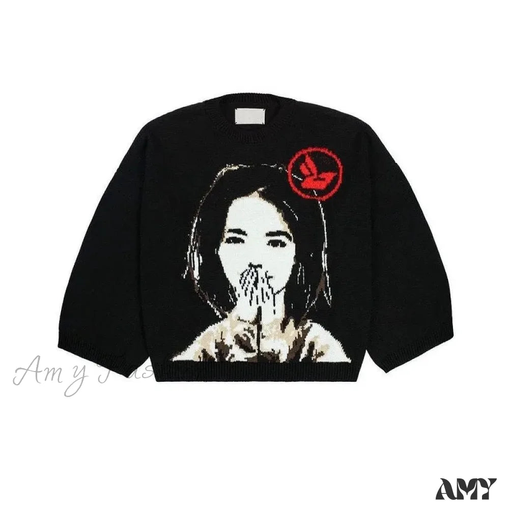 Winter Oversize Streetwear Japanese Anime Girl Cotton Loose Knit Sweater Black / M