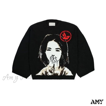 Winter Oversize Streetwear Japanese Anime Girl Cotton Loose Knit Sweater Black / M