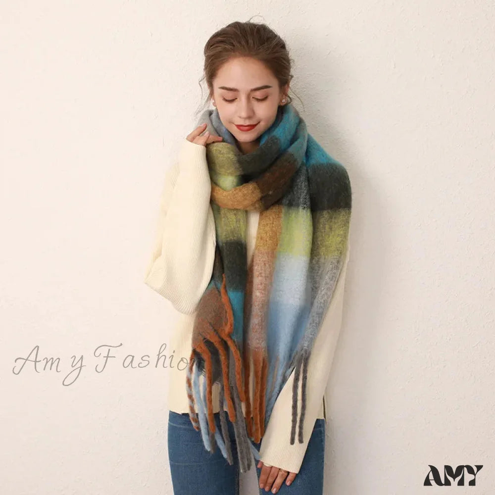 Winter Plaid Tassel Rainbow Faux Cashmere Long Muffler Scarf