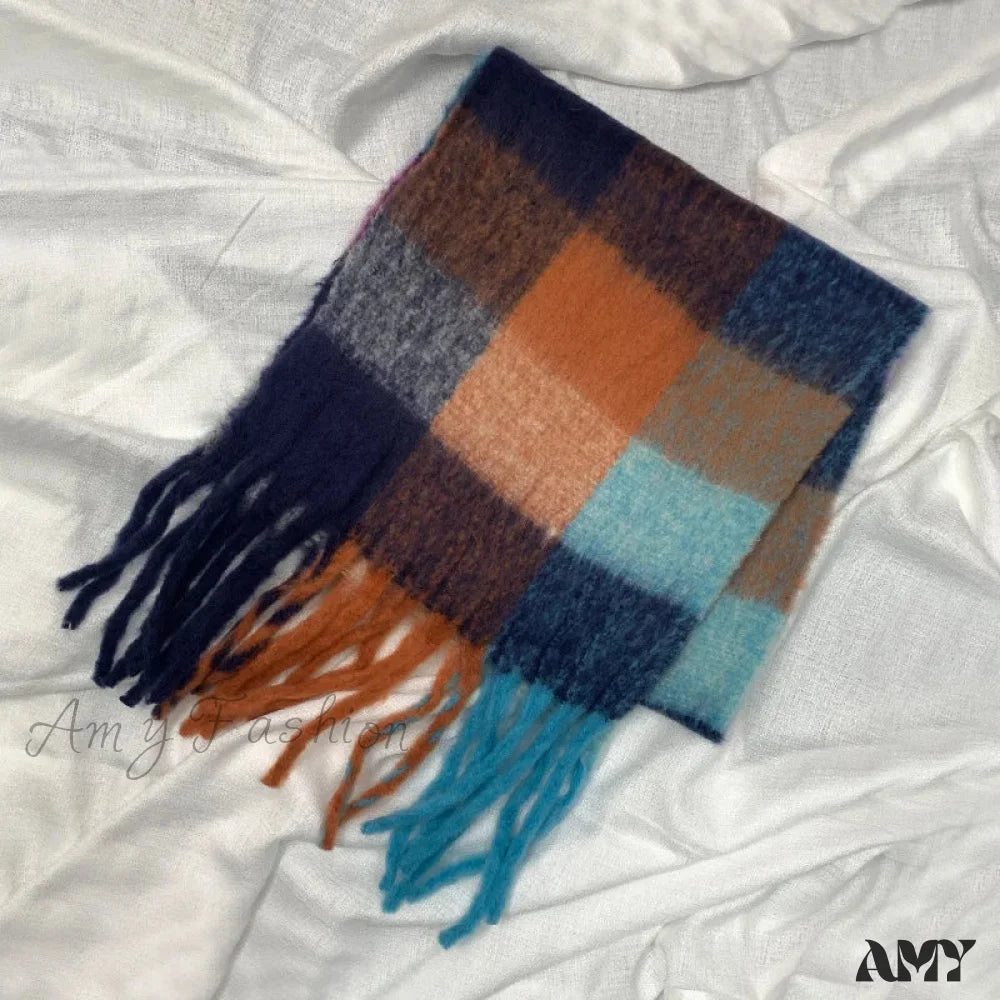 Winter Plaid Tassel Rainbow Faux Cashmere Long Muffler Scarf